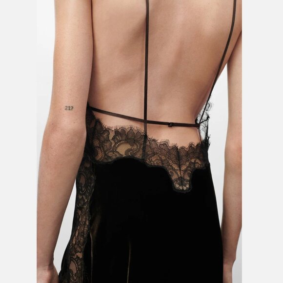 Jen Ceballos x Mango Dress Brown Velvet Black Lace Trim Maxi Long Wedding Guest - Picture 2 of 16